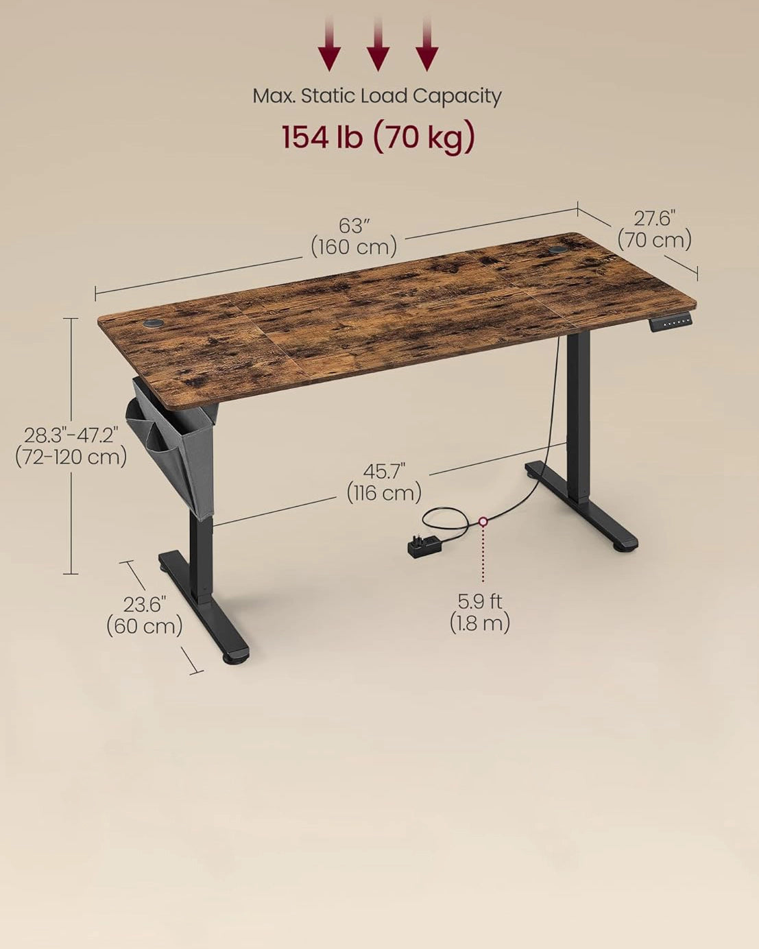 120 cm height adjustable electric standing desk with widths of 70 x 160 cm